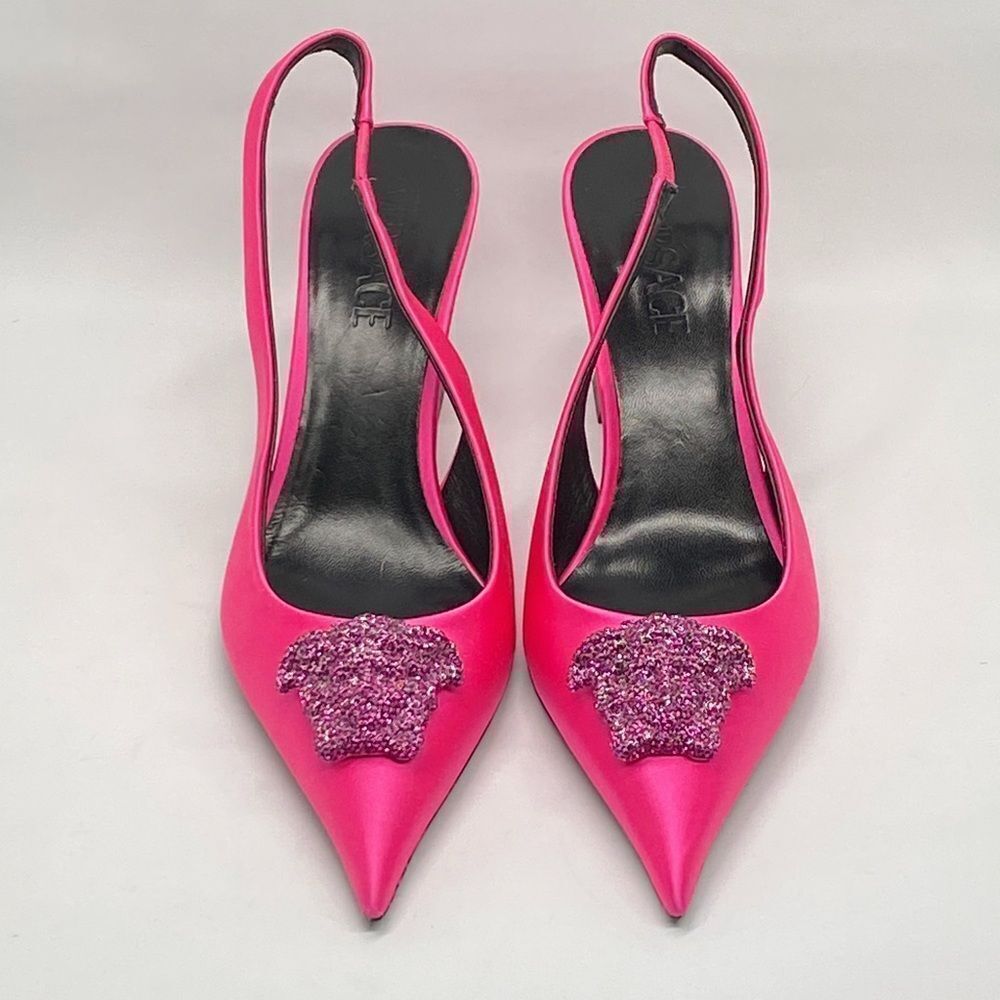 Versace La Medusa Embellished Silk Blend Slingback Pump size 37.5